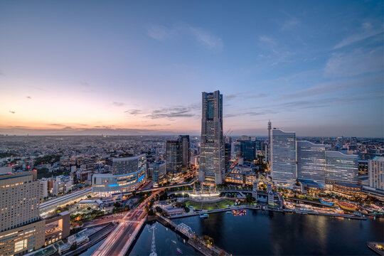 Yokohama Minato Mirai 21 seaside urban area in central Yokohama at dusk