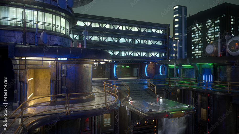 Poster photo realistic 3d rendering of a dark moody night scene in a futuristic urban environment.