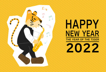 年賀状、2022年、寅年、楽器、サックス
