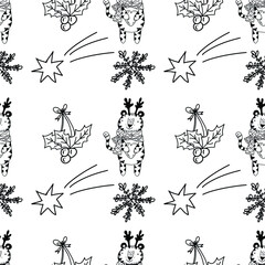 New Year's pattern with tigers. One tiger holds a gift, another tiger holds a heart. Nearby is a holly and a bright star. Vector flat illustration on a white background. Outline drawing