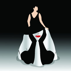 A woman wears a dress that features the face of a girl wearing a stylish hat and gloves.