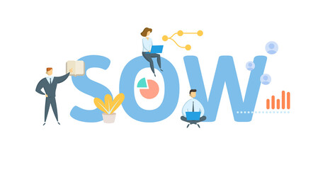 SOW, Statement of Work. Concept with keyword, people and icons. Flat vector illustration. Isolated on white.