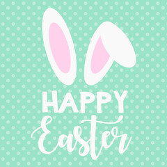 Happy Easter card with bunny ears, Easter vector illustration with polka dots background