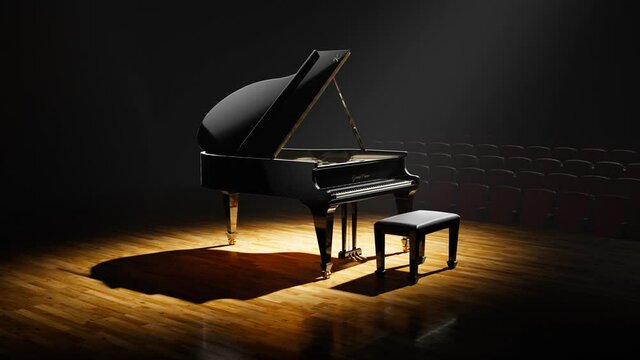 Luxurious grand piano standing on a stage. Concert hall. Classical instrument.