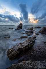 long exposure landscape, sea, rocks, clouds, sky, sunset