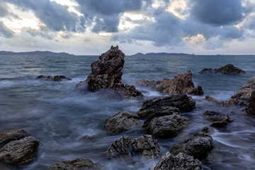 long exposure landscape, sea, rocks, clouds, sky, sunset