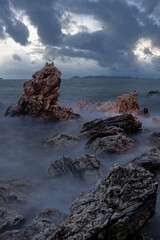 long exposure landscape, sea, rocks, clouds, sky, sunset