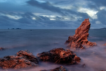 long exposure landscape, sea, rocks, clouds, sky, sunset
