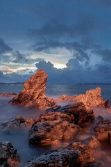 long exposure landscape, sea, rocks, clouds, sky, sunset