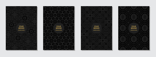 Set of cover design, vertical templates. Geometric volumetric convex ethnic 3D pattern, abstract collection of black backgrounds, embossed texture, space for text. Oriental, Indonesian, Mexican, Aztec