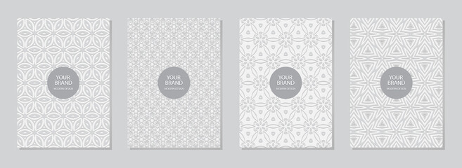 Set of cover design, vertical templates. Geometric volumetric convex ethnic 3D pattern, decorative collection of white backgrounds, embossed texture, space for text. Oriental, Indonesian, Mexican styl