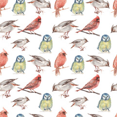 Obraz premium Birds birdhouse flowers christmas holiday new year patern seamless watercolor illustration hand drawn print textile vintage realism botany