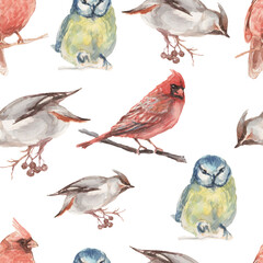 Birds birdhouse flowers christmas holiday new year patern seamless watercolor illustration hand drawn print textile vintage realism botany