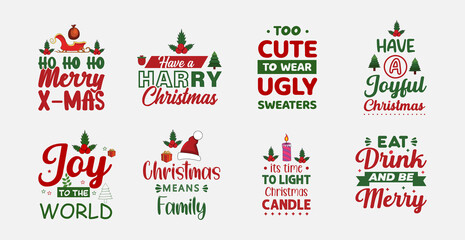 Merry Christmas typography lettering quotes collection. Design for postcard, invitation, greeting card, poster, gift.