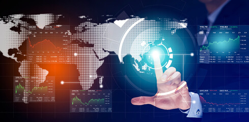 Businessman touchscreen line of Stock market or forex trading graph and candlestick chart suitable for financial investment concept,Economy trends background for business idea and all art work design.