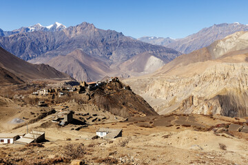Jharkot village view and Thapa peak in the Himalayas. Mustang District, Nepal.