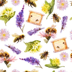 Bees, flowers and honey. Watercolor seamless pattern