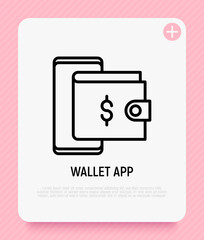 Wallet app thin line icon: wallet in smartphone thin line icon. Modern vector illustration.