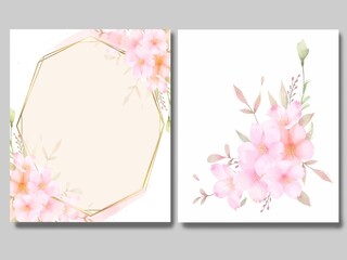 美しく華やかなピンク色桜飾りの磨りガラスゴールドフレームベクター素材