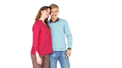 Fototapeta premium Young happy couple hugging and smiling while looking aside isolated over white background