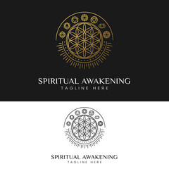 Spiritual Awakening with Flower of Life and 7 Chakra Symbols Logo Design Template. Suitable for Meditation Yoga Studios or Healthcare Medicine Business Brand Company in Simple Line Style Logo Design.