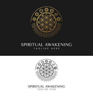 Spiritual Awakening with Flower of Life and 7 Chakra Symbols Logo Design Template. Suitable for Meditation Yoga Studios or Healthcare Medicine Business Brand Company in Simple Line Style Logo Design.