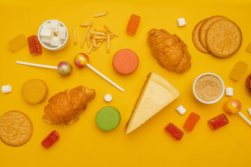Unhealthy foods on a colored background, top view. French croissant, candy on a stick, jelly candies, marshmallows, cookies and macarons on a yellow bright background