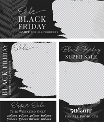 Black Friday Sale - Set of templates. Marketing promotion Social Media post Cover. Layout design. Set of sale banner template. Network background. Black and white nature. Vector illustration