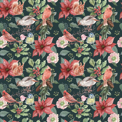 
Birds flowers christmas holiday new year patern seamless watercolor illustration hand drawn print textile vintage realism botany