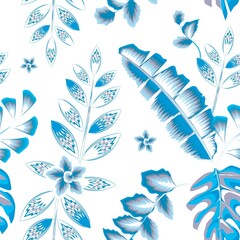 sky blue tropical banana leaves seamless pattern fashionable vector design with monstera plants foliage and abstract flower on white background. Floral background. Exotic tropics. Summer print design