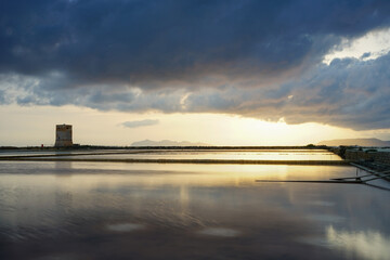 Sunset view in Nubia salt flats, Paceco, Trapani, Sicily, Italy