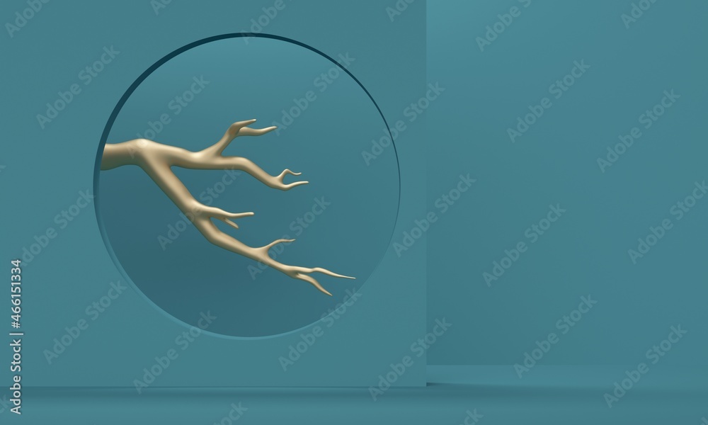 Poster room with a round window and a golden branch. 3d rendering