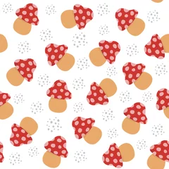 Poster Mushroom seamless vector pattern design - cute red mushrooms with white dots © Mila Dobraya