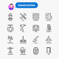 Construction thin line icons set: builder in helmet, work tools, brickwork, floor plan, plumbing, drill, trowel, traffic cone, building, stepladder, jackhammer, wheelbarrow. Vector illustration.