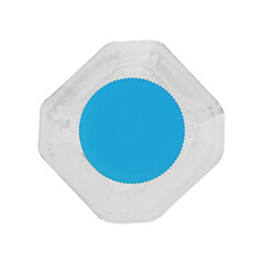 square plastic bottle closed with a lid. Isolated on a white background, top view