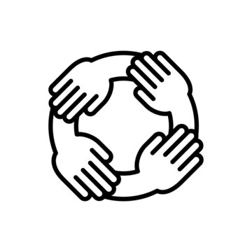 Collaboration Thin Line Icon: Four Hands Holding Each Other. Modern Vector Illustration Of Teamwork, Support, Partnership.