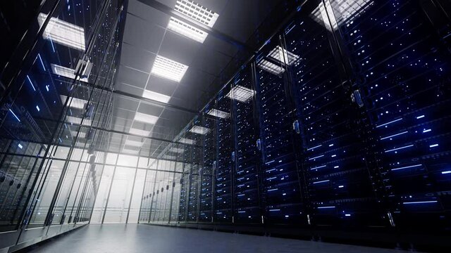 Modern interior server room data center. Cloud computing datacenter server room. Connection and cyber network. Backup, mining, hosting, mainframe, farm, cloud and computer rack. 4K UHD 3d animation