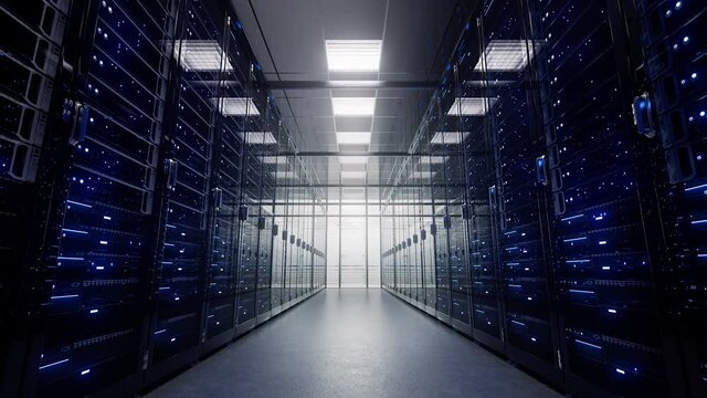 Modern interior server room data center. Cloud computing datacenter server room. Connection and cyber network. Backup, mining, hosting, mainframe, farm, cloud and computer rack. 4K UHD 3d animation
