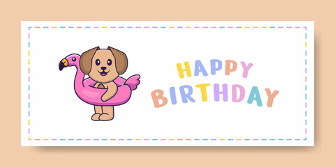 Happy Birthday banner with Cute dog cartoon character. Vector Illustration