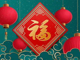 Happy Chinese Lunar New Year! New year. Couplet with Fu in Chinese word. Red lantern and Asian Clouds on background