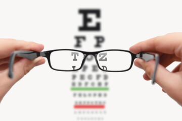Glasses and Snellen's chart. Test eye examination