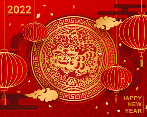 Happy Chinese Lunar New Year of Tiger! Happy New Year 2022. Tiger in Paper cutting, china red round lantern and Flowers on red background