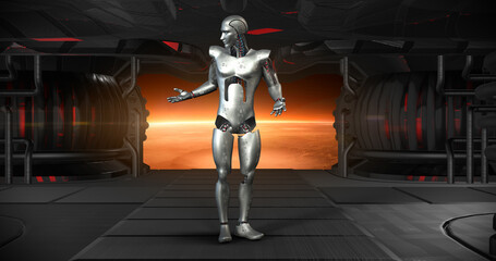 Fototapeta na wymiar Curious AI Cyborg Bionic Robot Looking Around. Looking For Something. Technology And Space Related 3D Illustration Render.