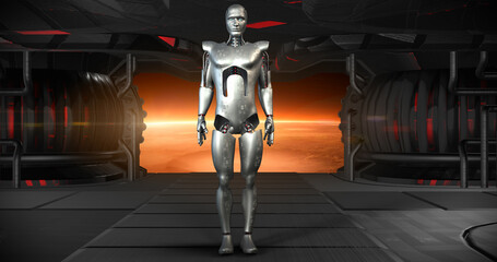 Fototapeta na wymiar Curious AI Cyborg Bionic Robot Looking Around. Looking For Something. Technology And Space Related 3D Illustration Render.