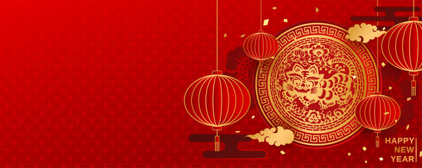 Tiger in Paper cutting of Chinese Lunar New Year. Chinese translation: "Happy New Year". Lanterns and asian clouds in paper art style. 2022 banner, Year of the Tiger
