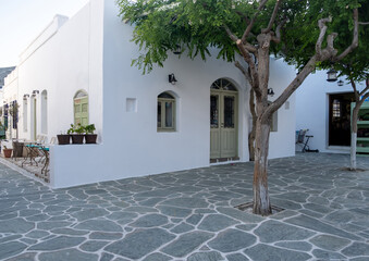 Greece, Folegandros island. Traditional shops and stores at Chora town main square.