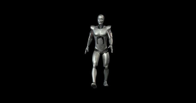 AI Futuristic Robot Walking In Slow Motion In Space. Alpha Channel. Technology And Space Related 3D Animation.