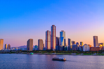 Cityscape night view of Yeouido, Seoul at sunset time