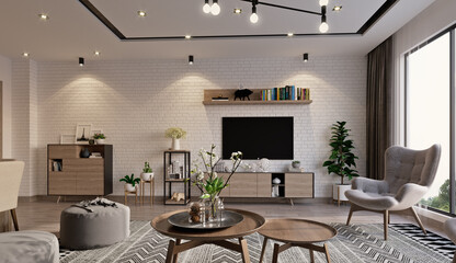modern luxury apartment and tv wall with scandinavian furniture design 3d rendering