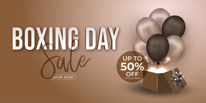 Realistic boxing day sale banner with balloons and gift box template